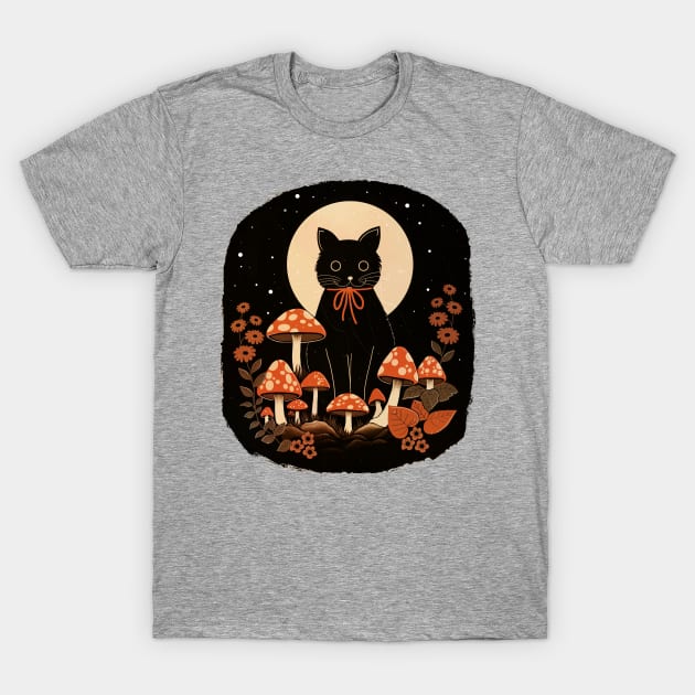 Black Cat with Mushrooms T-Shirt by emanuelacarratoni